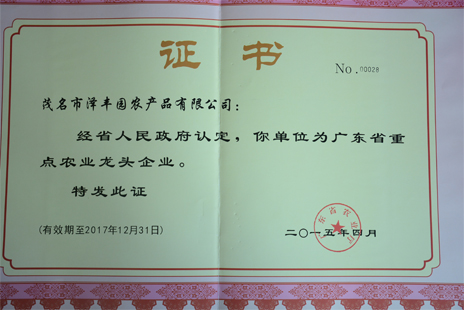 廣東省農業(yè)龍頭企業(yè)證書(shū)